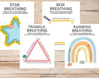 May include: Four printable breathing exercises for kids. Each exercise features a different shape: a star, a box, a triangle, and a rainbow. The instructions for each exercise are written in black text on a white background. The shapes are outlined in bright colors.