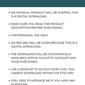 May include: A teal background with white text that reads "PLEASE READ." Bullet points below detail digital download information, including no physical product, read the description, personal use only, no refunds, Etsy account access, desktop download, and contact for questions.