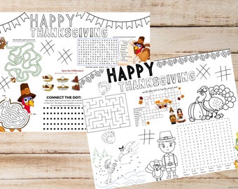 2 Thanksgiving Kid's Placemat & Activity Sheets, kids thanksgiving game, kids thanksgiving activity, kids thanksgiving coloring sheet