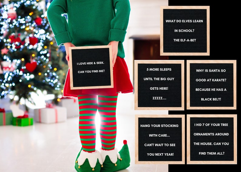 May include: A person dressed as an elf holds a letter board that says "I LOVE HIDE & SEEK. CAN YOU FIND ME?" Other letter boards display Christmas jokes and messages. The person is wearing a green top, red skirt, striped tights, and elf shoes.