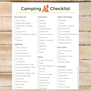 May include: A printable camping checklist with a green and orange title "Camping Checklist". The checklist is divided into categories: Necessities, Toiletries, Food/Snacking, Kid's Gear, Tools, and Clothing. Each category has a list of items with checkboxes next to them.