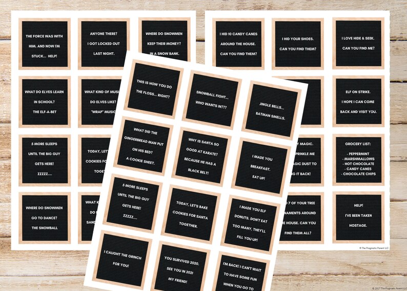 May include: A collection of letter board signs with various holiday-themed puns and jokes. Each sign features black felt with white lettering, framed by a light brown border. The signs are arranged on a white background.