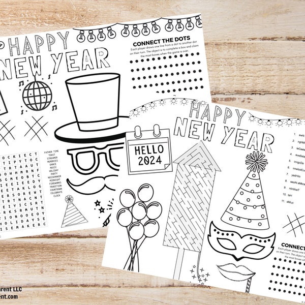 2 New Years Eve Kid's Placemat & Activity Sheets, kids new years game, kids new years eve activity, kids new years eve coloring sheet, NYE