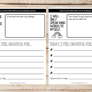May include: Black and white printable journal pages with prompts for kids to practice self-love and gratitude. The prompts include "A positive mindset will take you far!" and "I will only speak kind words to myself."
