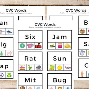 Tarjetas de palabras CVC, aprender a leer, hoja de trabajo de jardín de infantes, educación en el hogar, fonética, sonidos iniciales, hoja de trabajo abc, palabras CVC, imprimibles