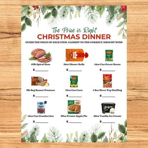 Könnte beinhalten: Ein weihnachtliches Spielblatt mit dem Titel "The Price is Right Christmas Dinner". Es zeigt Bilder von Lebensmitteln wie Schinken, Brötchen, grünen Bohnen, Kartoffeln, Mais, Füllung, Preiselbeeren, Apfelkuchen und Eiscreme mit Preis-Leerfeldern.