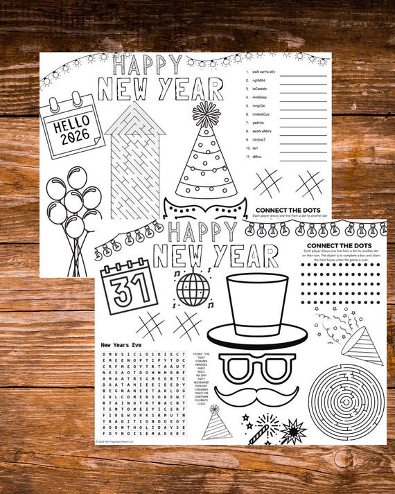 2 New Years Eve Kid's Placemat & Activity Sheets, kids new years game, kids new years eve activity, kids new years eve coloring sheet, NYE