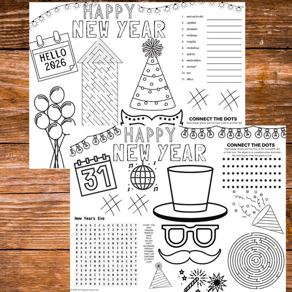 2 jogos americanos e folhas de atividades infantis para a véspera de Ano Novo, jogo infantil de Ano Novo, atividade infantil para a véspera de Ano Novo, folha para colorir infantil para a véspera de Ano Novo, Ano Novo