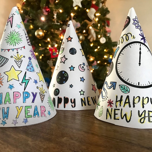 3 New Years Eve Kid's Party Hats, printable kids new years hats, kids new years eve activity, kids new years eve coloring party hats