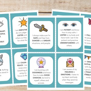 May include: Set of 10 colourful affirmation cards with illustrations and text. The cards feature positive affirmations such as "I am strong, smart, fearless, peaceful and brave." and "I am bursting with goodness and know how to make good choices, be kind to myself, others and animals."