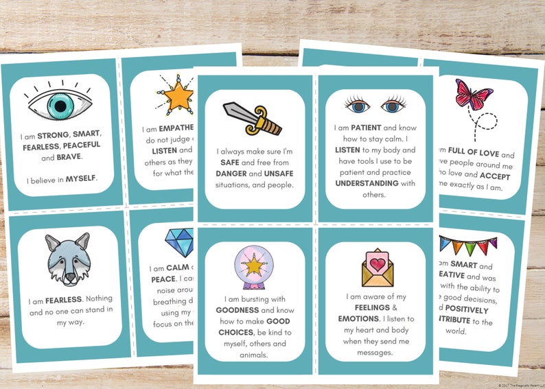 May include: Set of 10 colourful affirmation cards with illustrations and text. The cards feature positive affirmations such as "I am strong, smart, fearless, peaceful and brave." and "I am bursting with goodness and know how to make good choices, be kind to myself, others and animals."