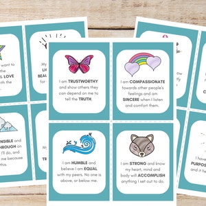 May include: Set of eight turquoise blue affirmation cards with colourful illustrations and positive messages. The cards feature a star, butterfly, rainbow, mountains, wave, wolf, leaf, and sun.