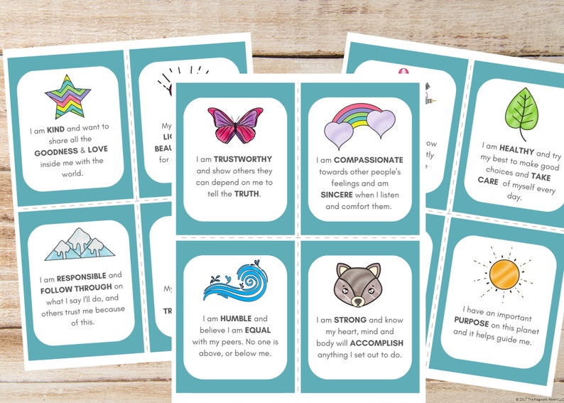 May include: Set of eight turquoise blue affirmation cards with colourful illustrations and positive messages. The cards feature a star, butterfly, rainbow, mountains, wave, wolf, leaf, and sun.