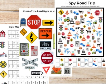 May include: A printable I Spy game for kids featuring road signs, traffic lights, and other road trip related images. The game includes a grid with numbers 1-15 and a list of items to find.  The game is titled "I Spy Road Trip".