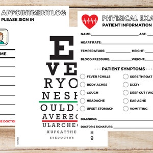 May include: A printable doctor's appointment log and physical exam form with a heart and eye chart. The form includes fields for patient information, symptoms, diagnosis, and doctor's signature.