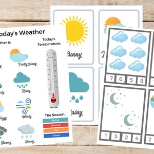 PACOTE para impressão do clima, imprimíveis para crianças do ensino doméstico, gráfico do tempo de hoje, cartões de contagem, dias da semana, planilhas de aprendizagem