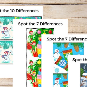 K&ouml;nnte beinhalten: Vier druckbare Weihnachtskarten zum Spiel &bdquo;Finde die Unterschiede&ldquo;. Jede Karte zeigt zwei Bilder mit kleinen Unterschieden. Die Karten enthalten Bilder von Schneem&auml;nnern, Elfen, Weihnachtsb&auml;umen und dem Weihnachtsmann.