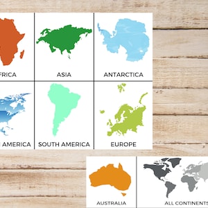 3-Part Montessori Cards Continents, Continent Cards for Kids, Continent Cards, Montessori Cards for Kids, Three Part Cards, World Geography