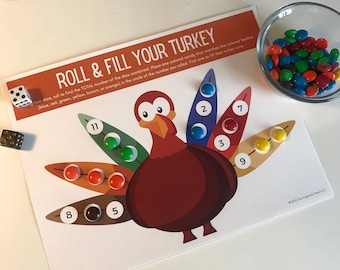 Thanksgiving Printable, Roll A Turkey, Thanksgiving activity, kids thanksgiving activity sheet, kids thanksgiving roll a turkey game, Thanks
