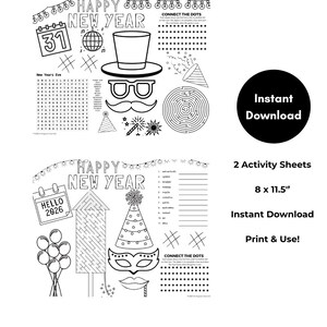 2 New Years Eve Kid's Placemat & Activity Sheets, kids new years game, kids new years eve activity, kids new years eve coloring sheet, NYE image 2