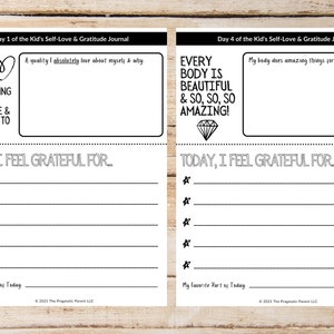 May include: Black and white printable journal pages with prompts for self-love and gratitude. The first page has the text "Self Love Means Having a Positive Inner Voice & Being Kind to Yourself." The second page has the text "Every Body Is Beautiful & So, So, So Amazing!"