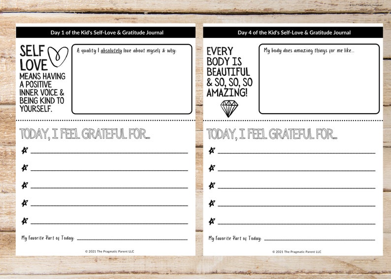 May include: Black and white printable journal pages with prompts for self-love and gratitude. The first page has the text "Self Love Means Having a Positive Inner Voice & Being Kind to Yourself." The second page has the text "Every Body Is Beautiful & So, So, So Amazing!"