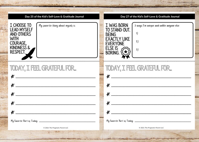 May include: Black and white printable journal pages with the text "Day 25 of the Kid's Self-Love & Gratitude Journal" and "Day 27 of the Kid's Self-Love & Gratitude Journal". The pages include prompts for self-reflection and gratitude.