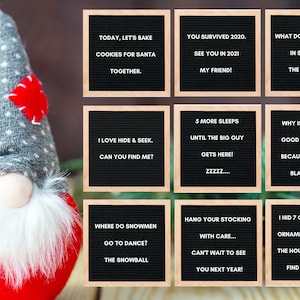 May include: A festive image featuring a Christmas gnome with a red hat and a white beard, alongside nine letter boards with holiday-themed messages. The boards have wooden frames and black felt backgrounds.