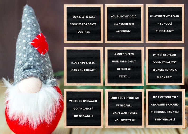 May include: A festive image featuring a Christmas gnome with a red hat and a white beard, alongside nine letter boards with holiday-themed messages. The boards have wooden frames and black felt backgrounds.