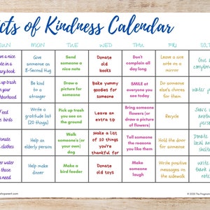 Kids&#39;s Acts of Kindness Calendar, Kindness Calendar, Random Acts of Kindness, Kindness Calendar for Kids, Gratitude List, Gratitude Calendar