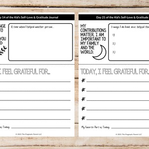 May include: Black and white printable journal pages with prompts for kids to practice self-love and gratitude. The pages include the text "Be the change you want to see in the world. If you want a kind world, be kind." and "My contributions matter. I am important to my family and the world."