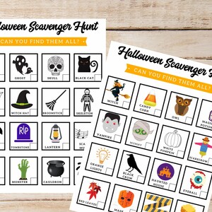 May include: Two Halloween Scavenger Hunt printable sheets with various spooky illustrations, including a carved pumpkin, ghost, skull, black cat, witch, and more. The text "Halloween Scavenger Hunt" and "Can You Find Them All?" are displayed.