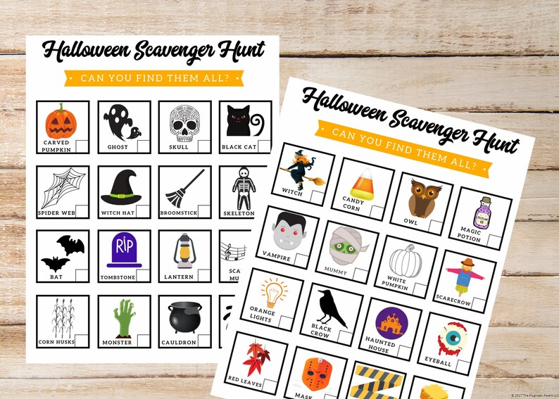 May include: Two Halloween Scavenger Hunt printable sheets with various spooky illustrations, including a carved pumpkin, ghost, skull, black cat, witch, and more. The text "Halloween Scavenger Hunt" and "Can You Find Them All?" are displayed.