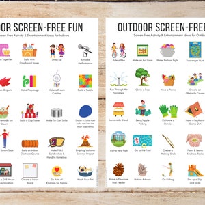 Kids screen free fun ideas posters, indoor screen free activities, outdoor screen free activities, kids screen free activity ideas printable