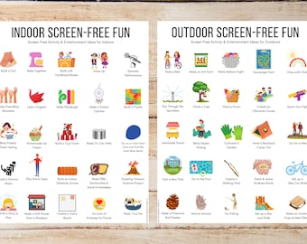 Kinderscherm gratis leuke ideeënposters, activiteiten zonder scherm binnen, schermvrije activiteiten buiten, afdrukbaar kinderscherm gratis activiteitenideeën