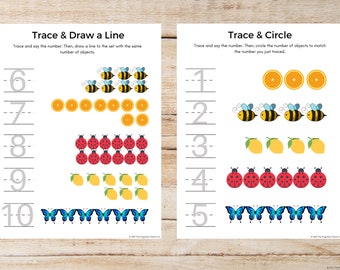May include: Two educational worksheets for children. One is titled "Trace & Draw a Line" and the other is "Trace & Circle". Each worksheet has numbers to trace and illustrations of bees, oranges, ladybirds, lemons, and butterflies.