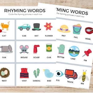 Rhyming Words Matching Game, Preschool worksheet, kindergarten worksheet, Learning Letters, rhyming words, PreK, ABCs, preschool worksheet