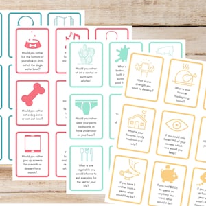 May include: A set of 24 colorful cards with thought-provoking questions for a fun game of conversation starters. The cards feature various illustrations and icons, such as a superhero, a book, a cactus, a bone, a turkey, and a heart.