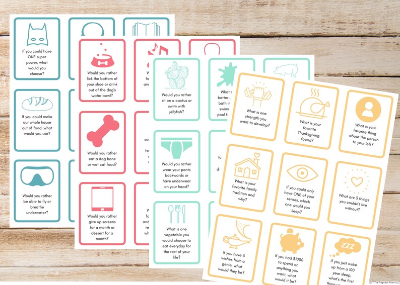 May include: A set of 24 colorful cards with thought-provoking questions for a fun game of conversation starters. The cards feature various illustrations and icons, such as a superhero, a book, a cactus, a bone, a turkey, and a heart.