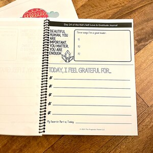 May include: A spiral bound journal with a black and white illustration of a crystal and the text "Beautiful Human, You Are Important. You Matter. You Are Enough." The journal is titled "Day 24 of the Kid's Self-Love & Gratitude Journal".