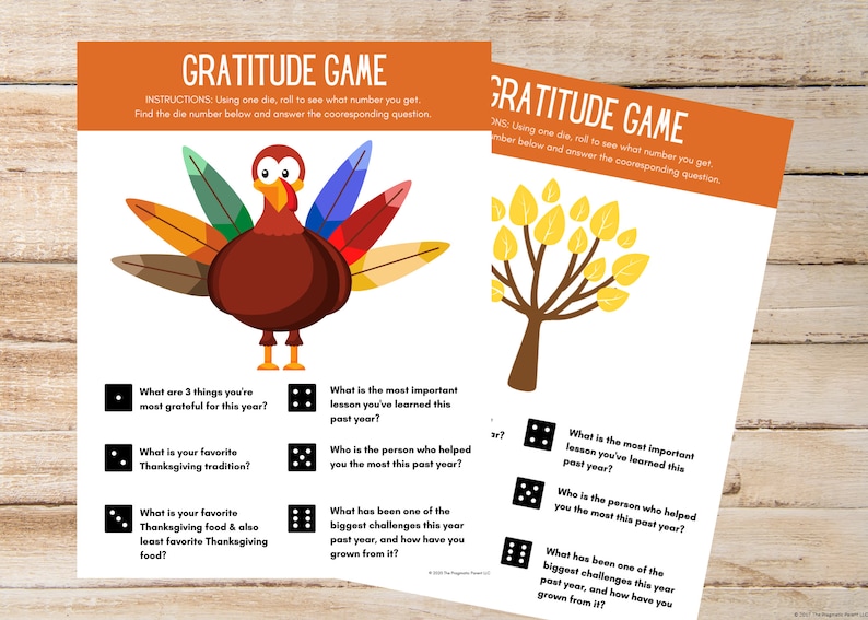 May include: A printable gratitude game for Thanksgiving with a turkey and a tree. The game uses a die to determine which question to answer. The questions focus on reflecting on the past year and expressing gratitude.
