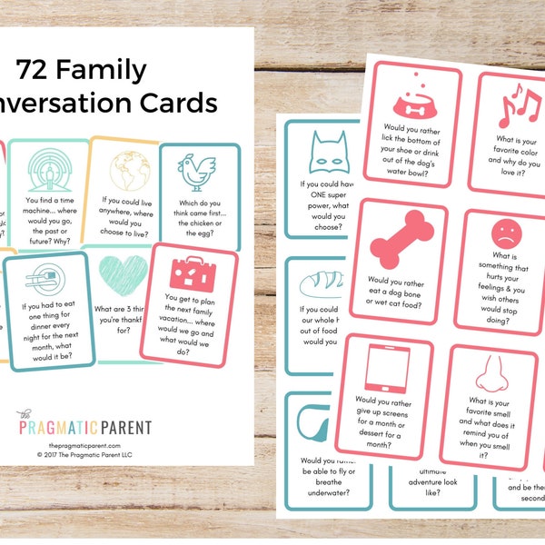 72 Family Conversation Cards, family conversation cards for kids, conversation starters for kids, dinner conversation cards, social skills