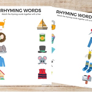 Rhyming Words Matching Game, Preschool, Kindergarten Worksheet, Learning Letters, rhyming words, ABCs, preschool worksheet, abc worksheet