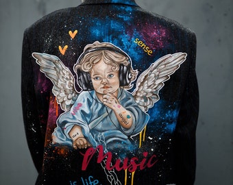 Personalized hand painted custom women's jacket, custom jacket oversize, angel print
