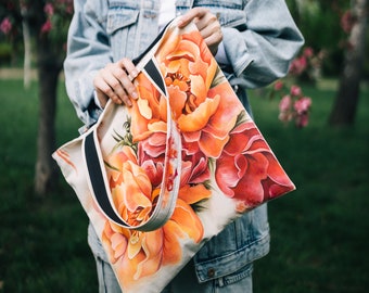 Unique hand painted tote bag, personalized hand painted custom tote bag, women's shopper bag, peonies flowers hand painted accessory