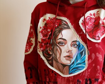 Personalized custom hoodie, hand painted women's sweatshirt, flowers on hoodie, tiger on hoodie, handmade designer item made in Ukraine