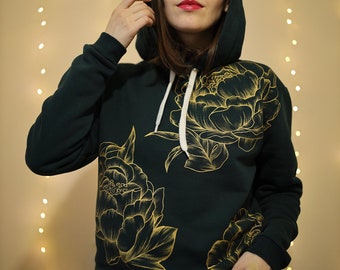 Women's hoodie custom hand painted, green flower sweatshirt, gold peonies on the clothes, hand painted clothes to order