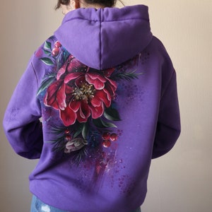 Hand Painted Custom Floral Hoodie, Personalized Women's Purple Hoodie With Flowers, unique handmade gift made in Ukraine image 1