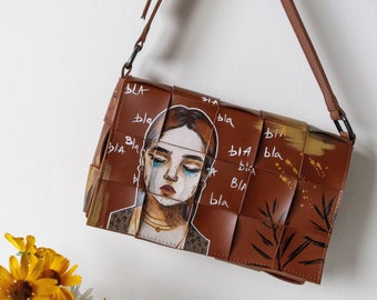 Hand painted custom women's bag, patterned eco leather bag, brown shoulder bag, personalized custom bags