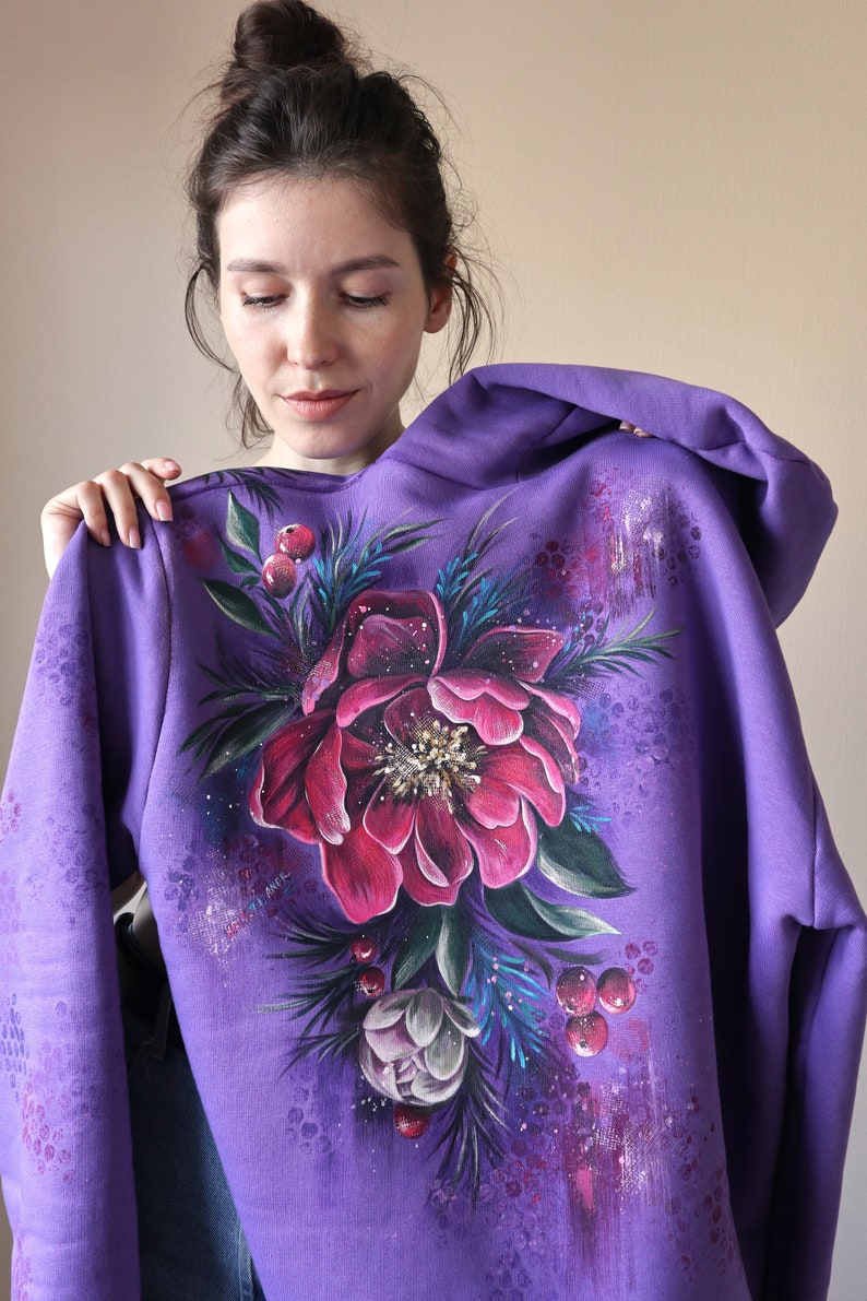 Hand Painted Custom Floral Hoodie, Personalized Women's Purple Hoodie With Flowers, unique handmade gift made in Ukraine image 8